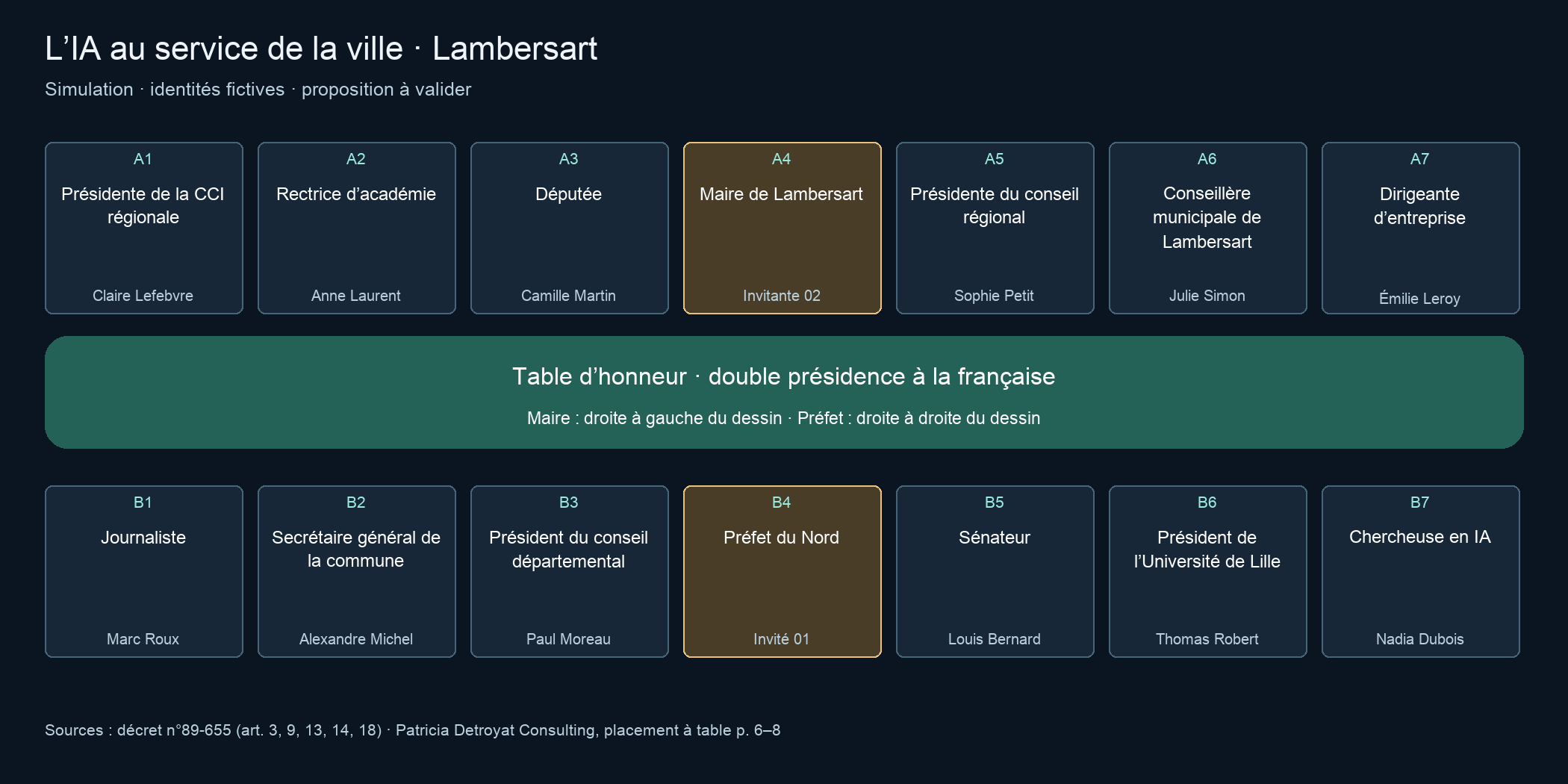Plan de table à la française, maire et préfet face à face